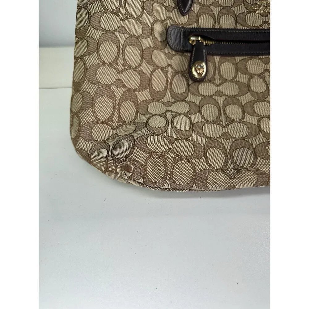 COACH TAYLOR PURSE Khaki & brown Signature C Jacquard Shoulder Tote Bag 37229